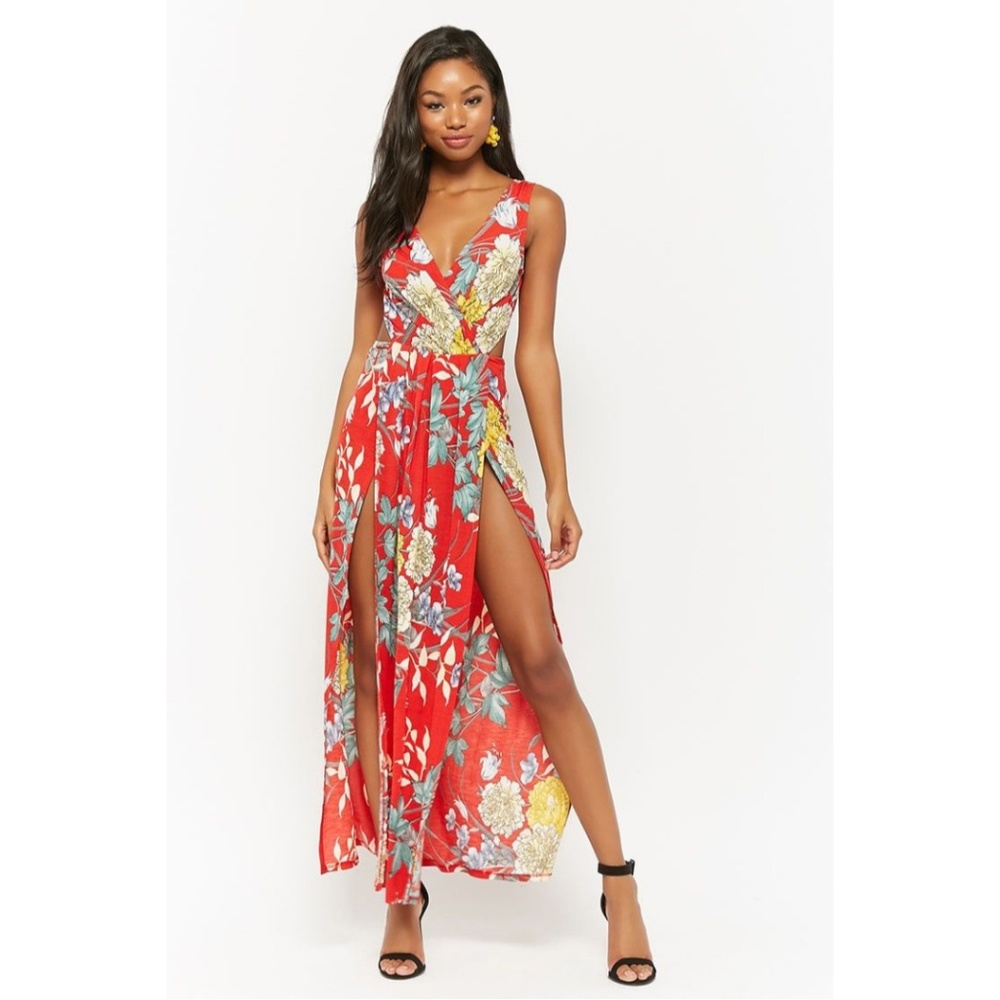 Kimcine Cuve Red Floral Maxi M-Slit Dress Sz M